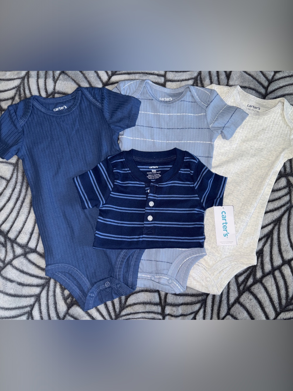 NWT Carter's Baby Size 9 Months 4-Pack Blue + Cream Short Sleeve Bodysuits